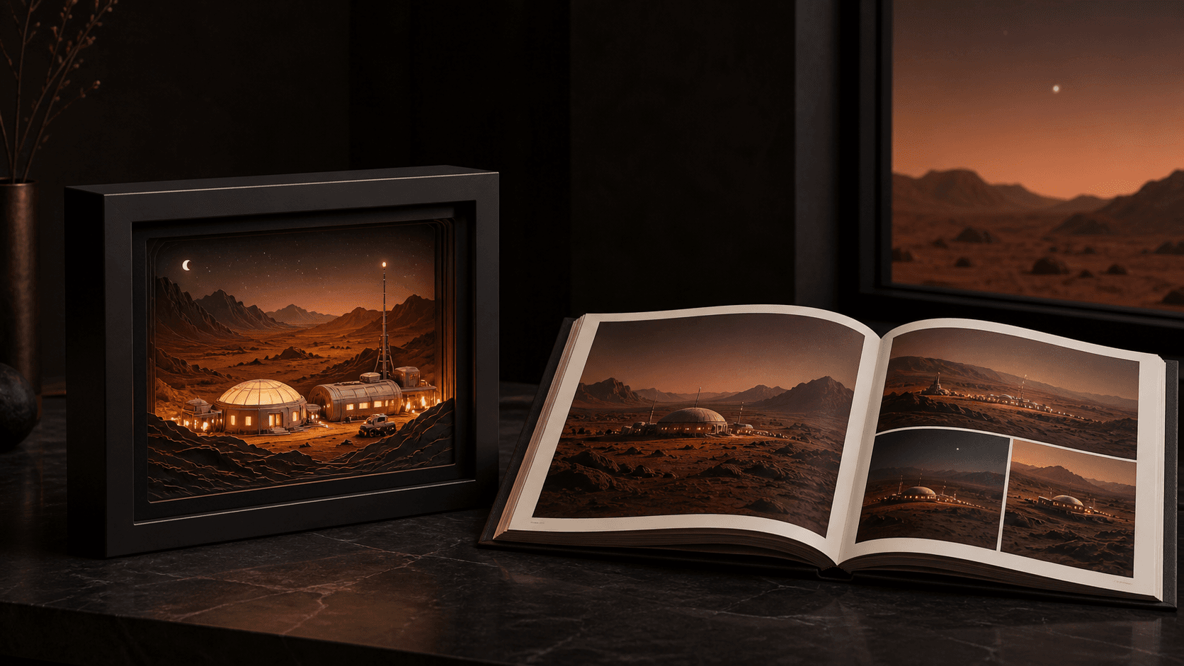 A glowing Mars homestead in a dark display frame beside an open illustrated book, shown as a keepsake concept