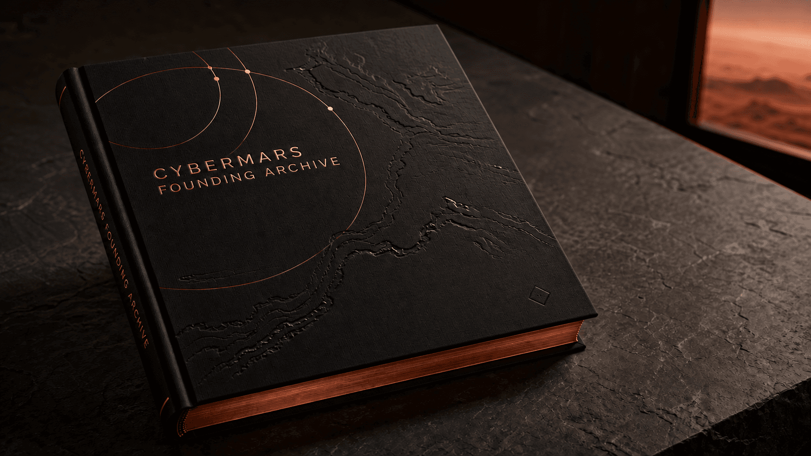 Founding Archive book cover concept, with dark textured cloth, copper lettering, and an embossed terrain pattern
