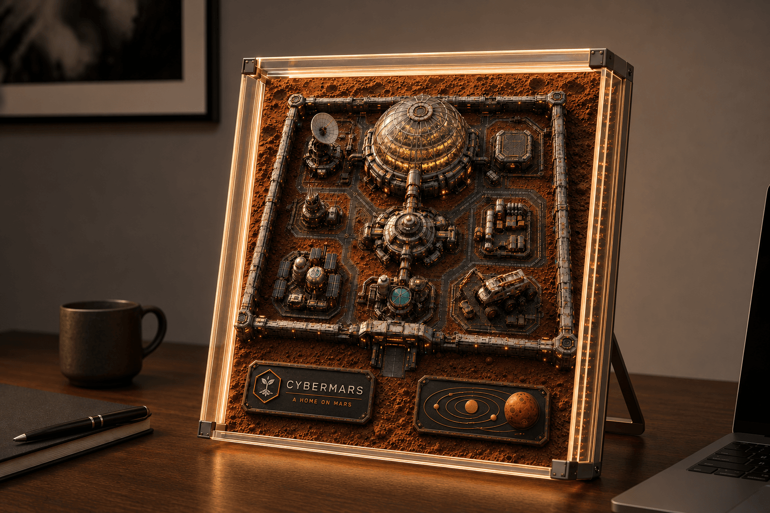 Concept of a glass-fronted tabletop display containing a detailed Martian home, with softly illuminated terrain and buildings