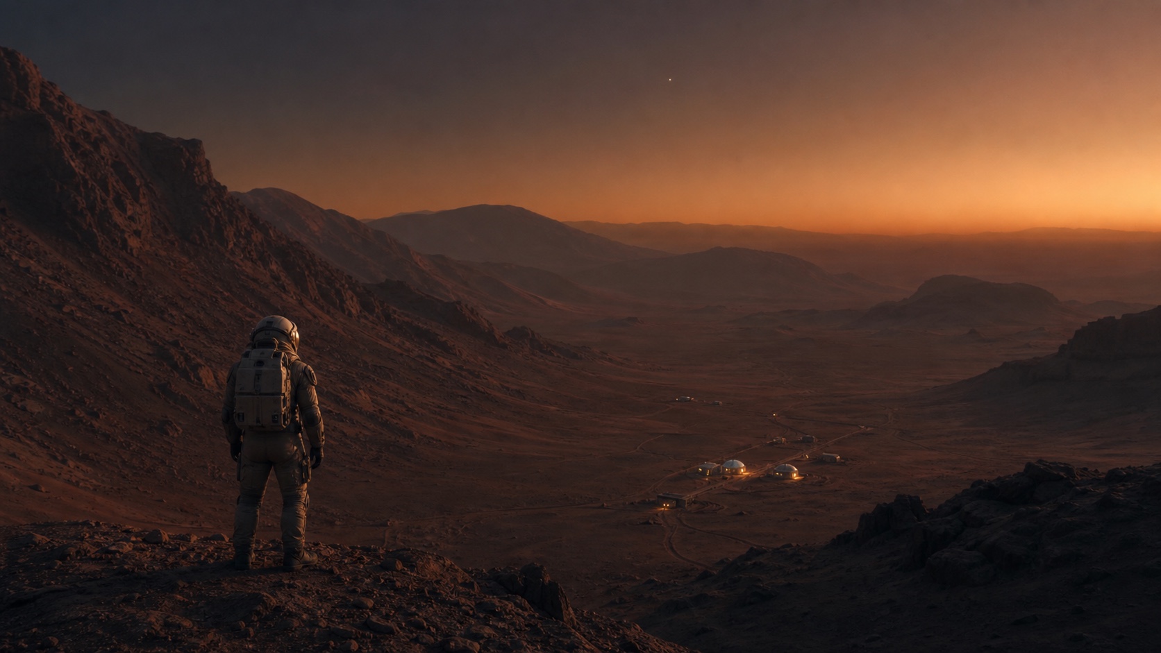 A commander overlooking a small settlement at Martian twilight