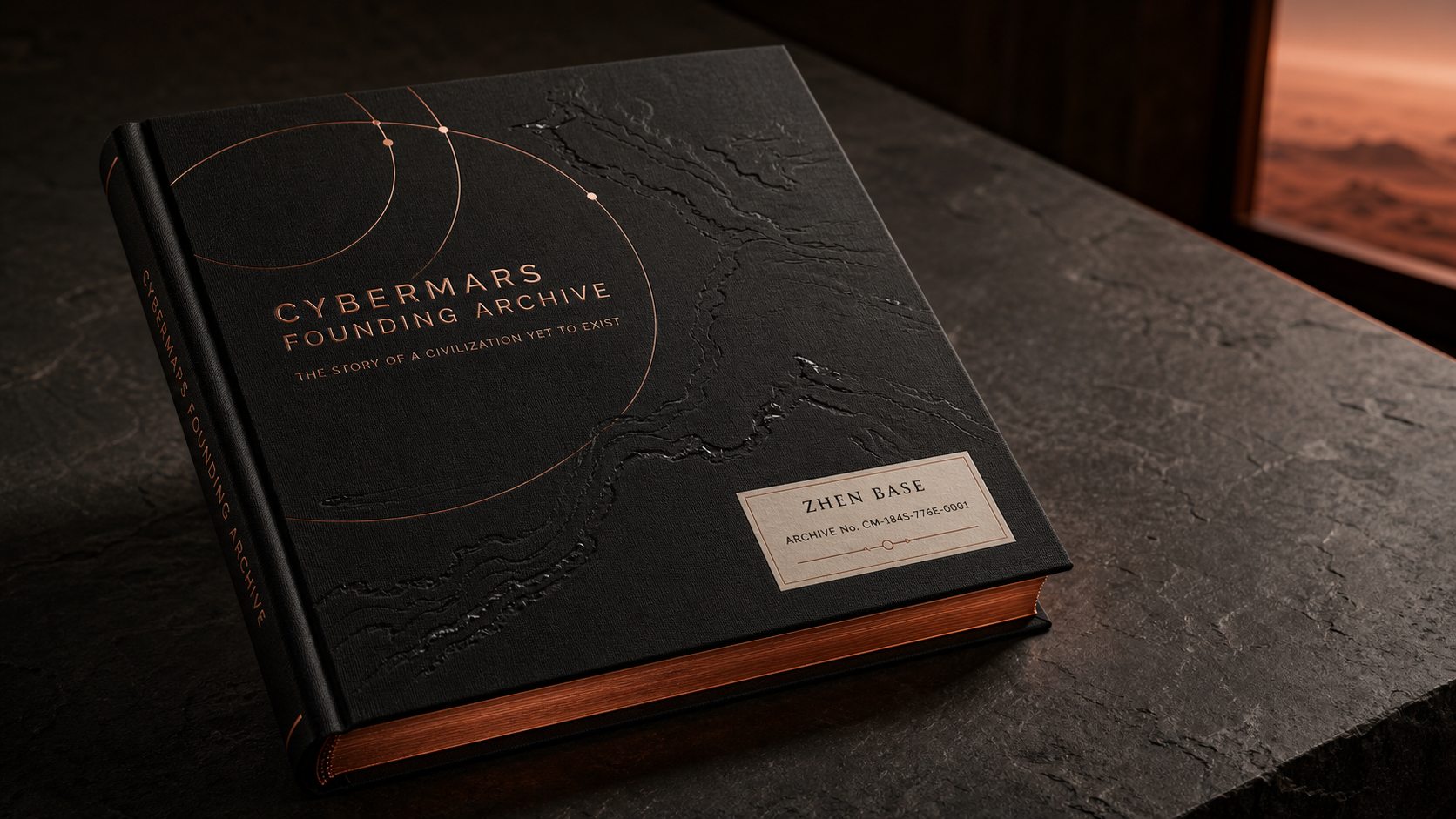 A personalized black cloth CyberMars Founding Archive with copper foil and a Valles Marineris relief