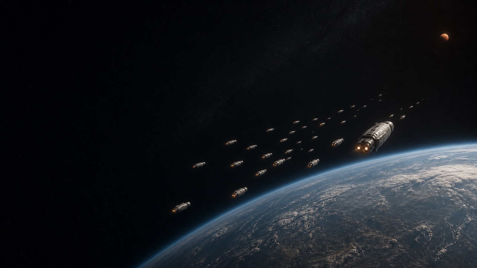 The First Fleet departing Earth orbit for Mars