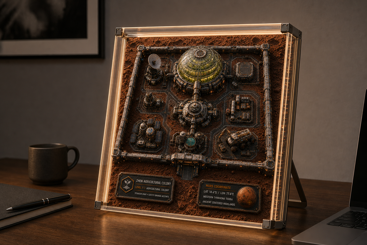 A thirty-centimeter transparent CyberMars shadow-box frame displayed on a walnut desk