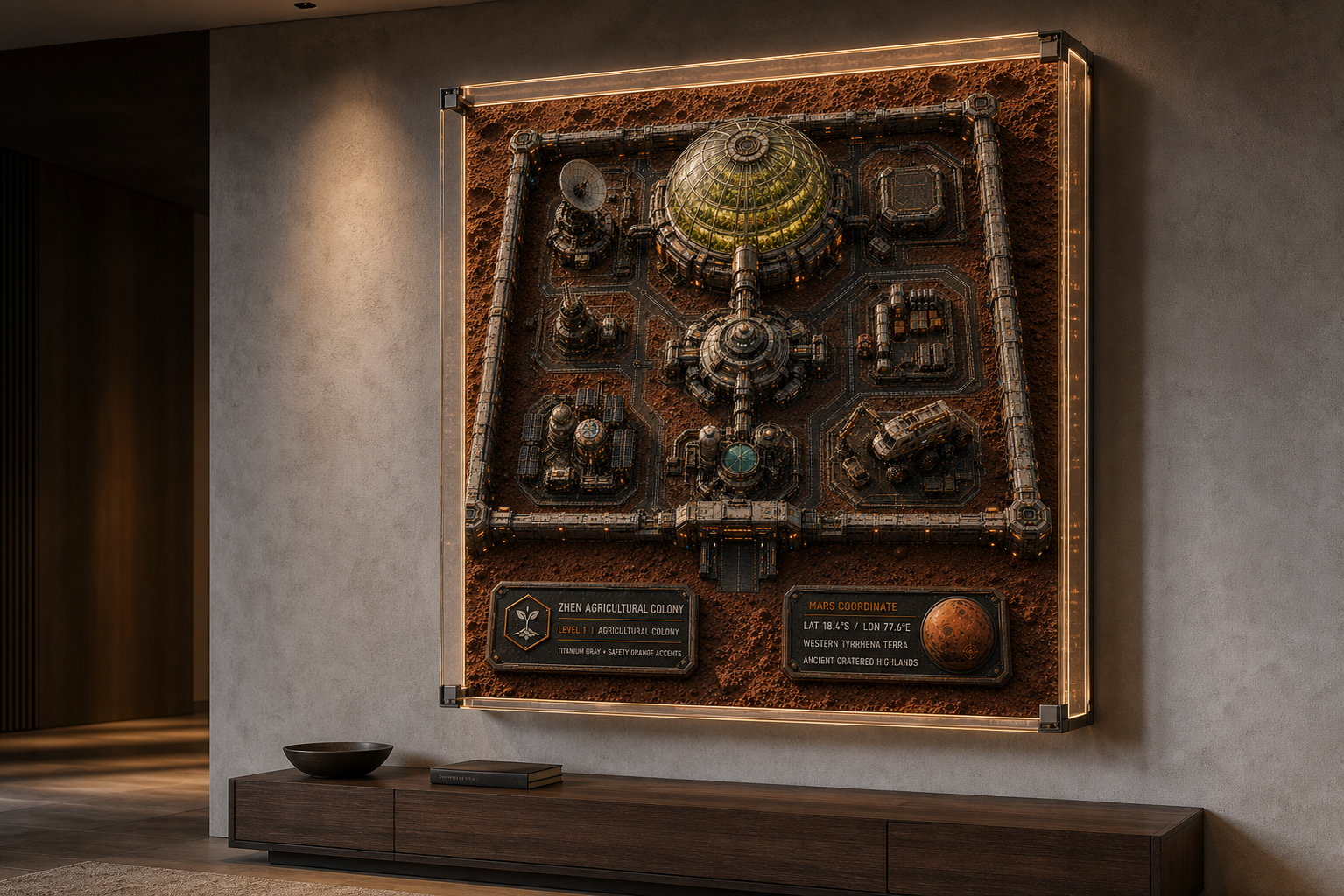 A one-meter transparent CyberMars shadow-box frame displayed on a residential gallery wall
